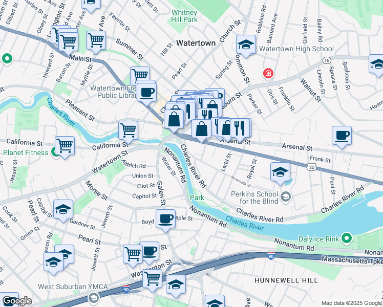 map of restaurants, bars, coffee shops, grocery stores, and more near 21 North Beacon Street in Watertown