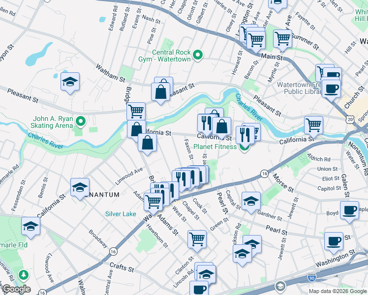 map of restaurants, bars, coffee shops, grocery stores, and more near 16 Dalby Street in Newton