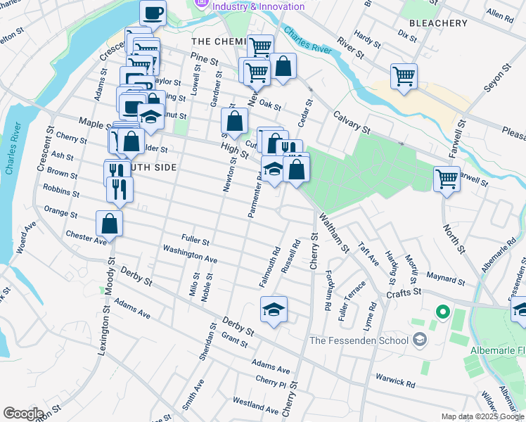 map of restaurants, bars, coffee shops, grocery stores, and more near 266 Ash Street in Waltham