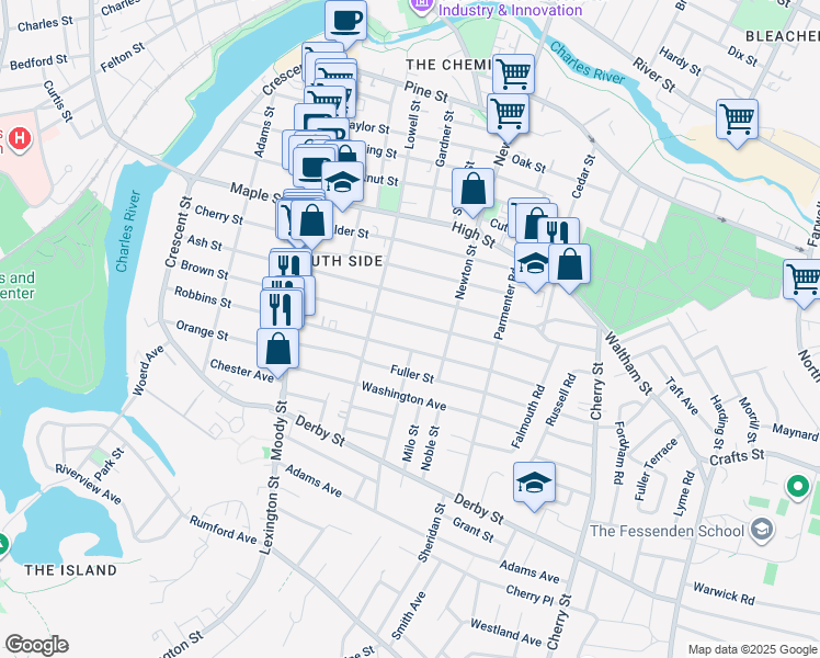 map of restaurants, bars, coffee shops, grocery stores, and more near 206 Brown Street in Waltham