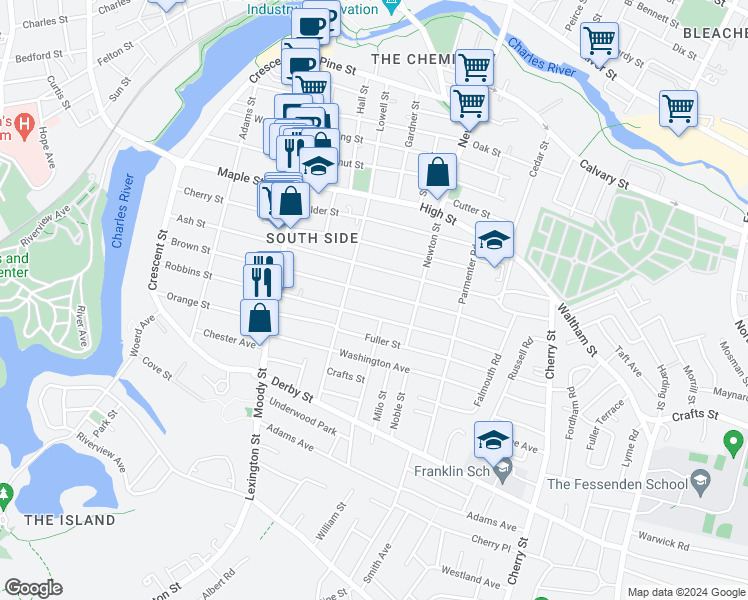map of restaurants, bars, coffee shops, grocery stores, and more near 174 Brown Street in Waltham