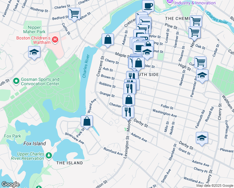 map of restaurants, bars, coffee shops, grocery stores, and more near 55 Robbins Street in Waltham