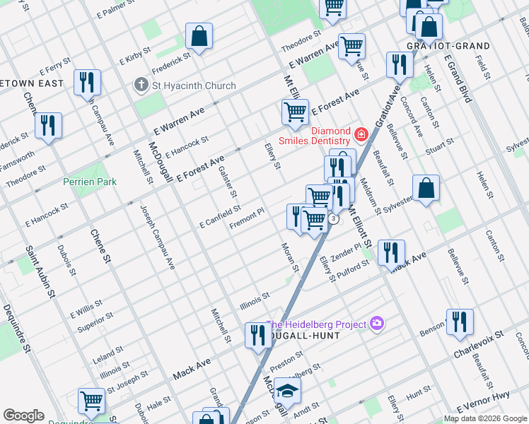 map of restaurants, bars, coffee shops, grocery stores, and more near 3434 East Canfield Street in Detroit