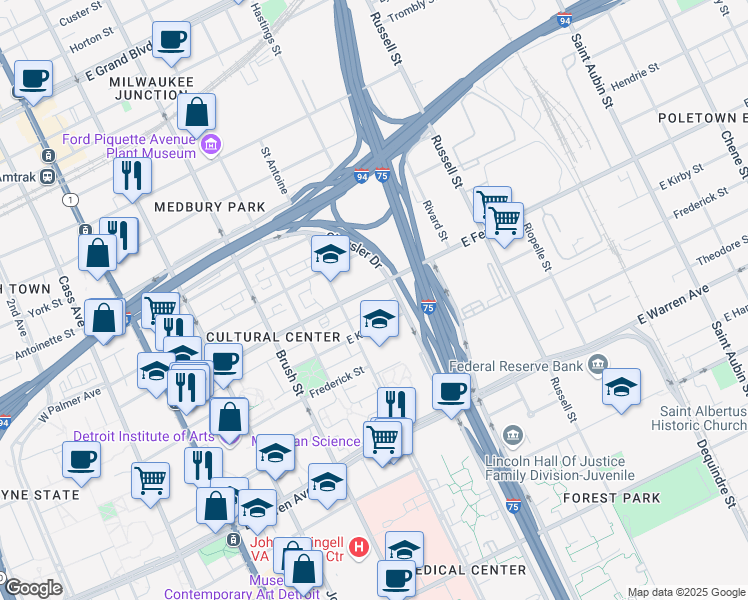 map of restaurants, bars, coffee shops, grocery stores, and more near 676 East Ferry Street in Detroit