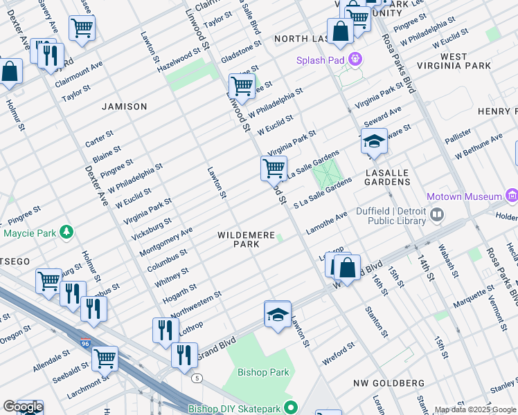 map of restaurants, bars, coffee shops, grocery stores, and more near 2681 Montgomery Avenue in Detroit