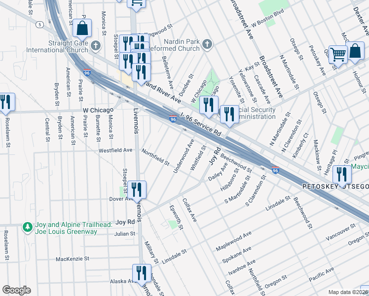 map of restaurants, bars, coffee shops, grocery stores, and more near 5022 Underwood Avenue in Detroit