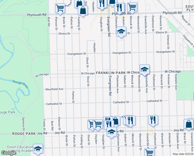 map of restaurants, bars, coffee shops, grocery stores, and more near 20137 West Chicago in Detroit