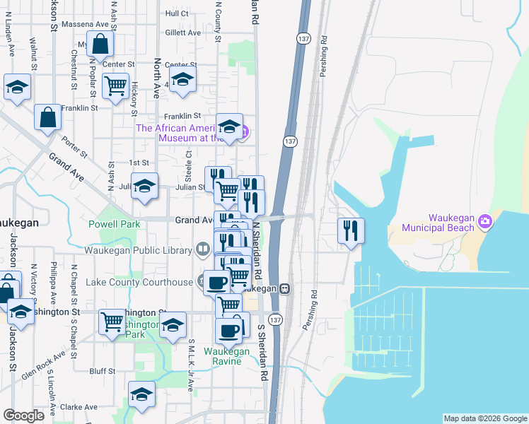 map of restaurants, bars, coffee shops, grocery stores, and more near 315 North Sheridan Road in Waukegan