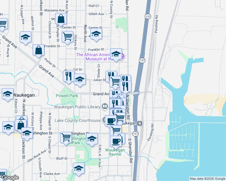 map of restaurants, bars, coffee shops, grocery stores, and more near 319 North County Street in Waukegan
