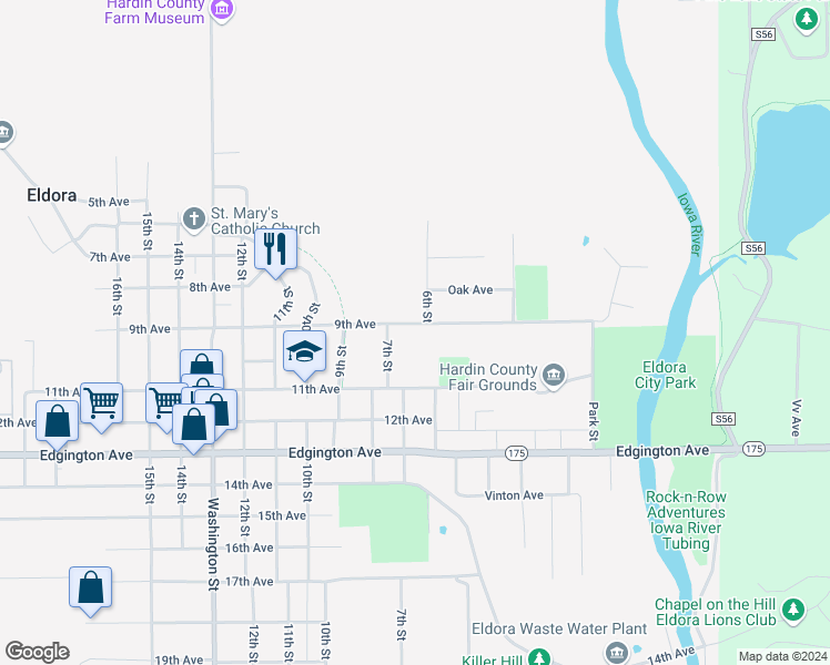 map of restaurants, bars, coffee shops, grocery stores, and more near 604 9th Avenue in Eldora