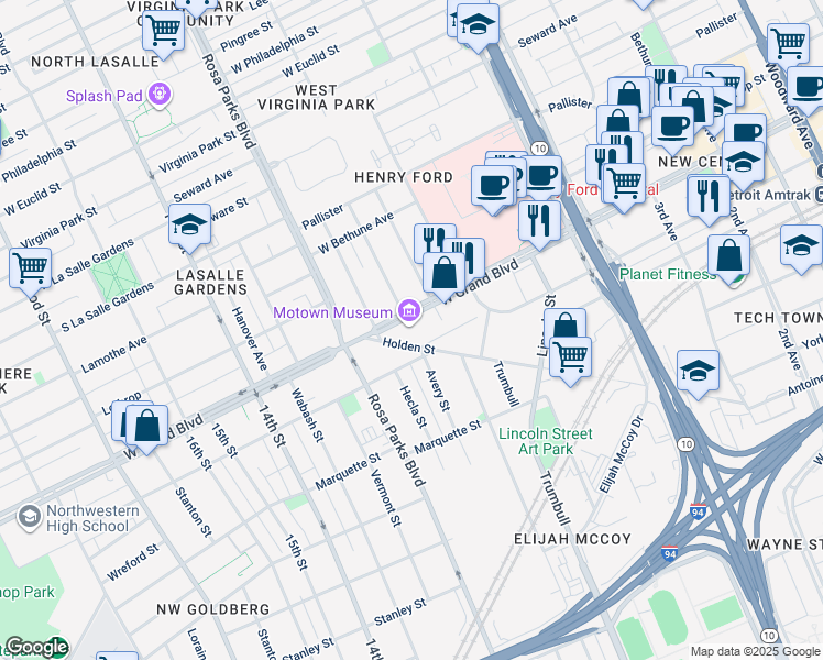 map of restaurants, bars, coffee shops, grocery stores, and more near 2648 West Grand Boulevard in Detroit
