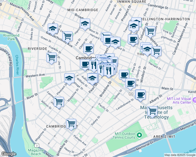 map of restaurants, bars, coffee shops, grocery stores, and more near 260 Green Street in Cambridge