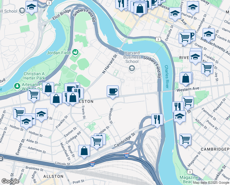 map of restaurants, bars, coffee shops, grocery stores, and more near 125 Western Avenue in Boston