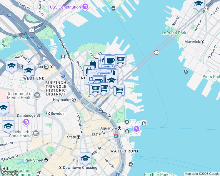 map of restaurants, bars, coffee shops, grocery stores, and more near 15-17 North Square in Boston
