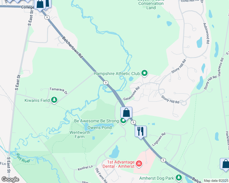 map of restaurants, bars, coffee shops, grocery stores, and more near 386 Belchertown Road in Amherst