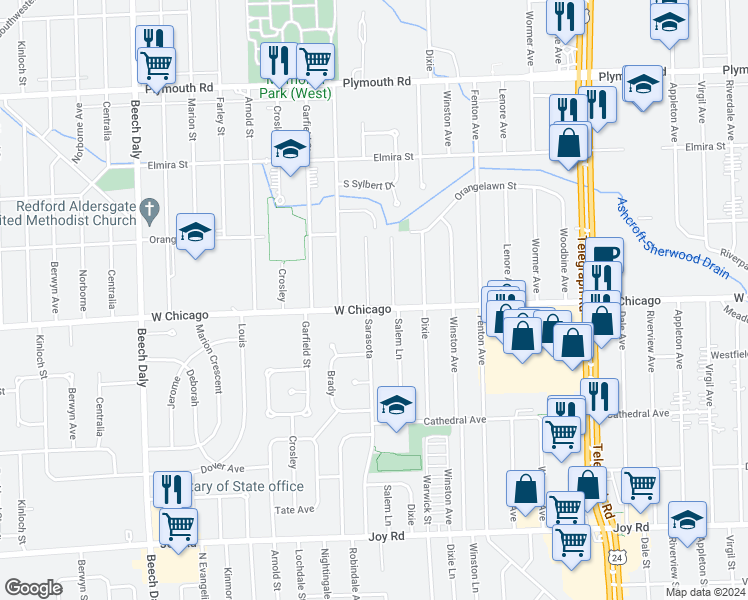 map of restaurants, bars, coffee shops, grocery stores, and more near 9500 Sarasota in Redford Charter Township