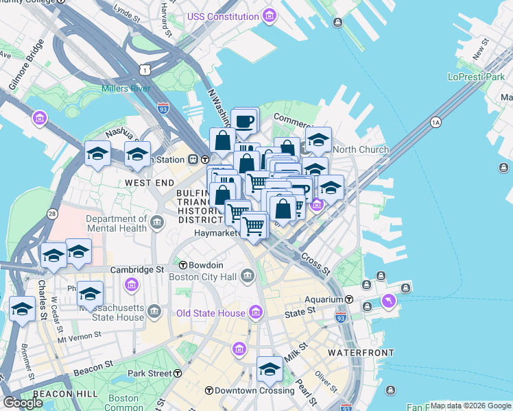 map of restaurants, bars, coffee shops, grocery stores, and more near 49 North Washington Street in Boston