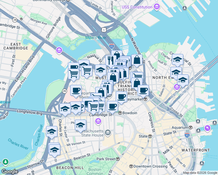 map of restaurants, bars, coffee shops, grocery stores, and more near in Boston
