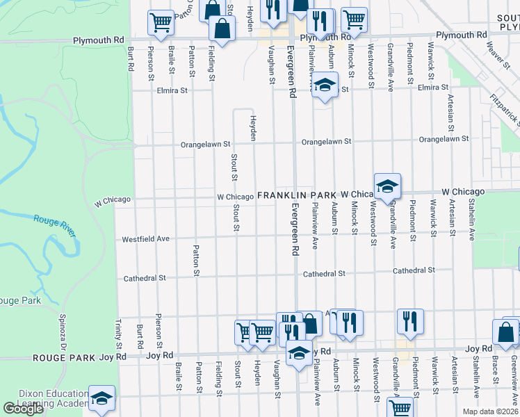 map of restaurants, bars, coffee shops, grocery stores, and more near 20137 West Chicago in Detroit