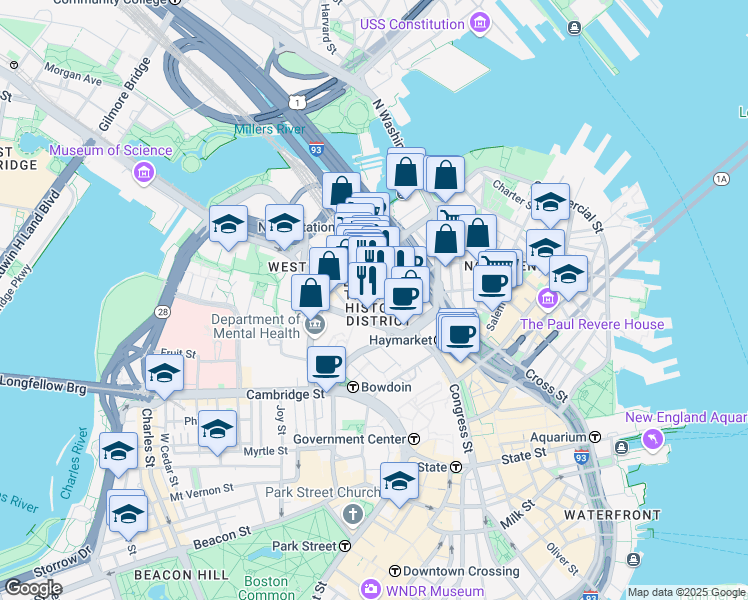 map of restaurants, bars, coffee shops, grocery stores, and more near in Boston