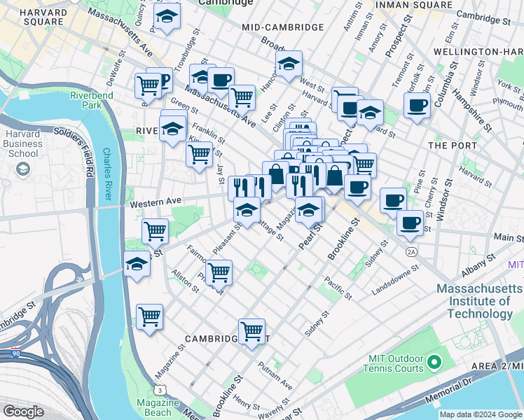 map of restaurants, bars, coffee shops, grocery stores, and more near 75 River Street in Cambridge