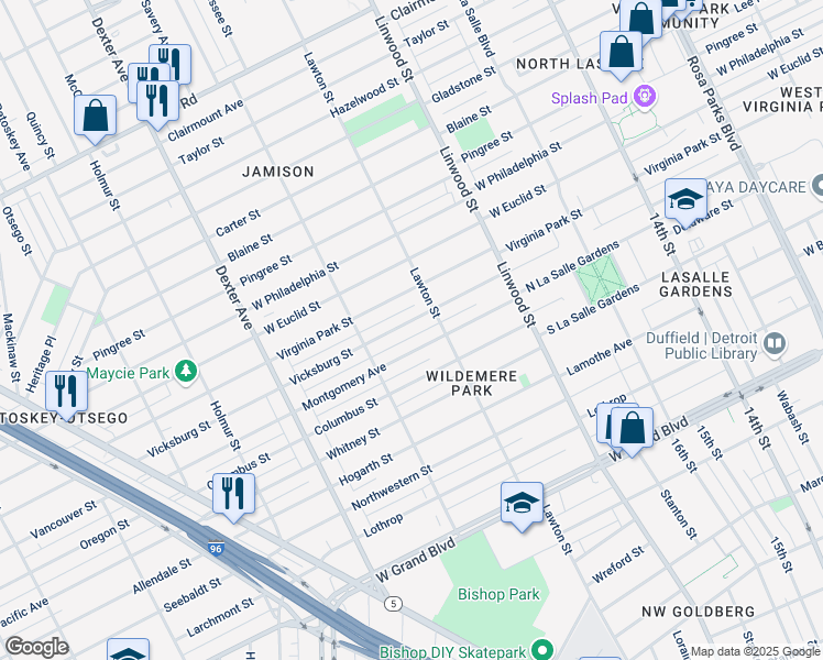 map of restaurants, bars, coffee shops, grocery stores, and more near 2960 Vicksburg Street in Detroit