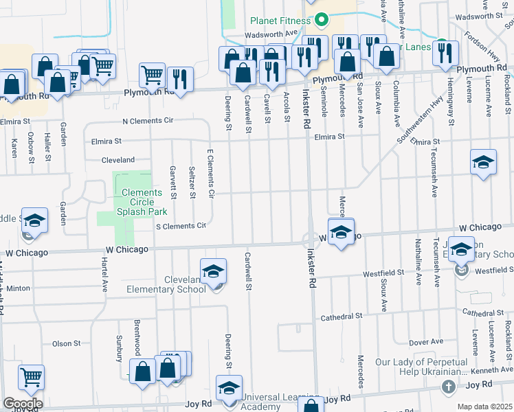 map of restaurants, bars, coffee shops, grocery stores, and more near 9622 Cardwell Street in Livonia