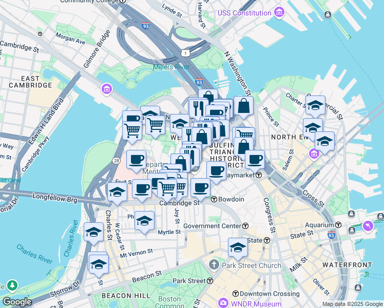 map of restaurants, bars, coffee shops, grocery stores, and more near 150 Staniford Street in Boston