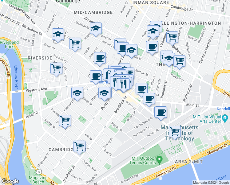 map of restaurants, bars, coffee shops, grocery stores, and more near Pearl St & Green St in Cambridge