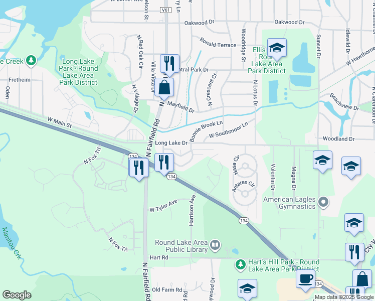 map of restaurants, bars, coffee shops, grocery stores, and more near 1026 Lunga Court in Round Lake