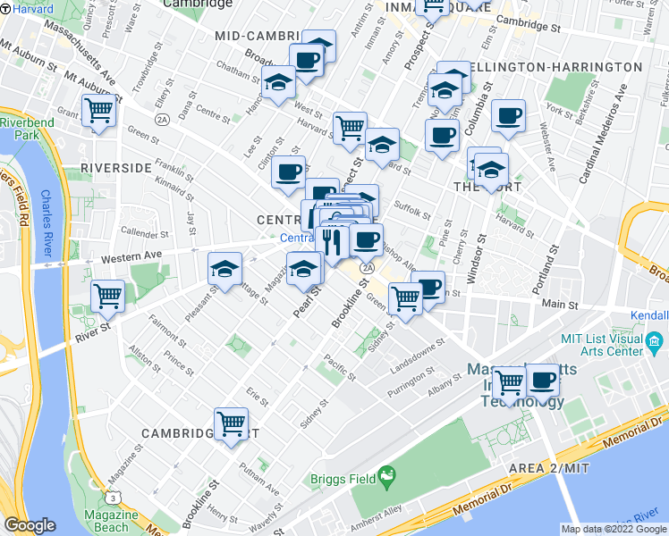 map of restaurants, bars, coffee shops, grocery stores, and more near Pearl St & Green St in Mid-Cambridge