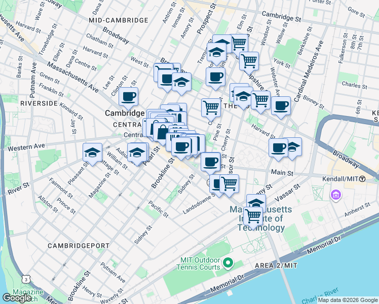 map of restaurants, bars, coffee shops, grocery stores, and more near 425 Massachusetts Avenue in Cambridge