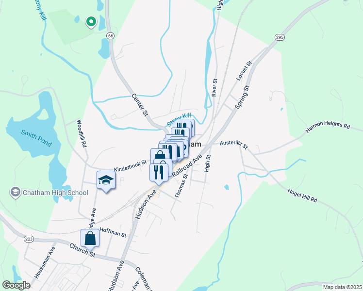 map of restaurants, bars, coffee shops, grocery stores, and more near 19 Central Square in Chatham