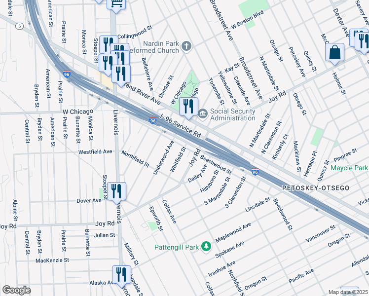 map of restaurants, bars, coffee shops, grocery stores, and more near 4908 Whitfield Street in Detroit