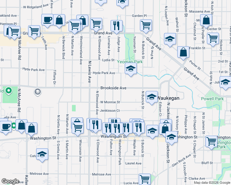 map of restaurants, bars, coffee shops, grocery stores, and more near 1611 Brookside Avenue in Waukegan