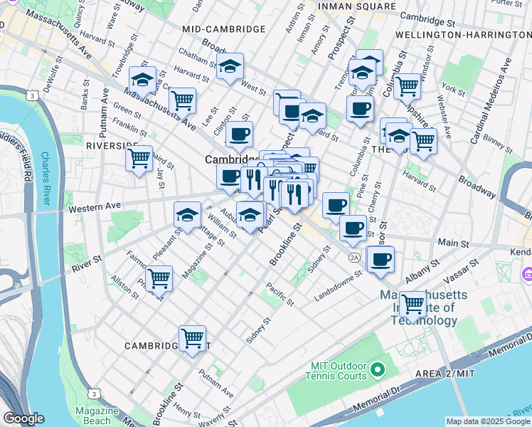 map of restaurants, bars, coffee shops, grocery stores, and more near 45 Pearl Street in Cambridge
