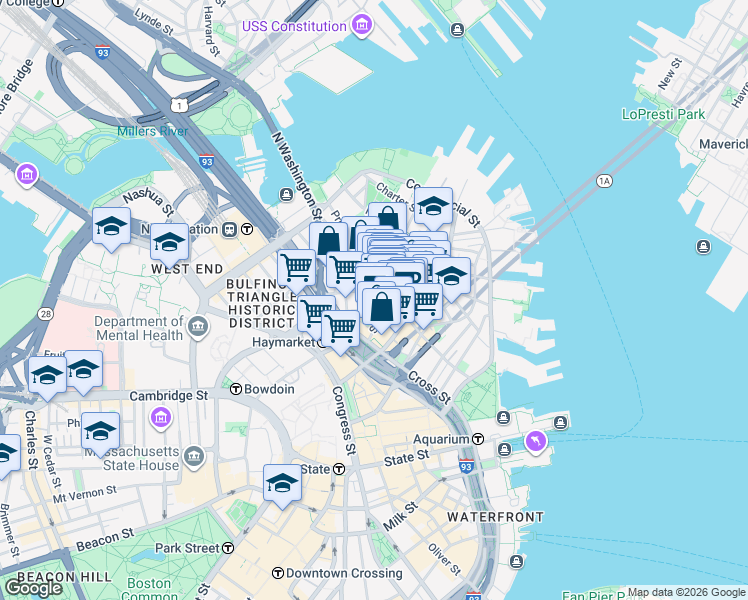 map of restaurants, bars, coffee shops, grocery stores, and more near 21 Cooper Street in Boston
