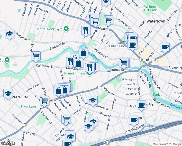 map of restaurants, bars, coffee shops, grocery stores, and more near 150 California Street in Newton
