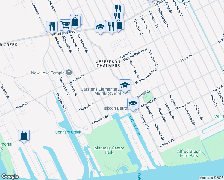 map of restaurants, bars, coffee shops, grocery stores, and more near 12845 Essex Avenue in Detroit
