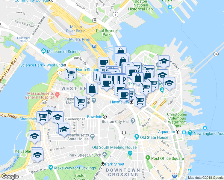 map of restaurants, bars, coffee shops, grocery stores, and more near 222 Friend Street in Boston