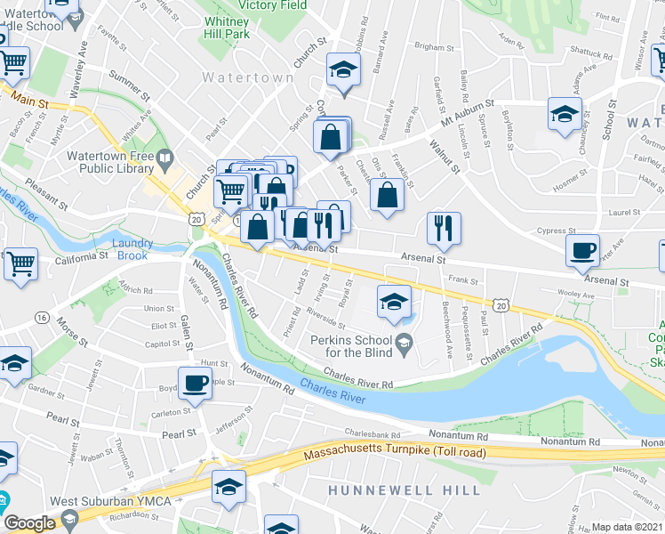 map of restaurants, bars, coffee shops, grocery stores, and more near 129 Arsenal Street in Watertown