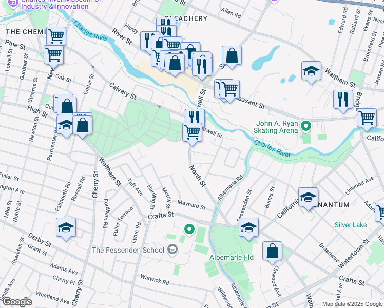 map of restaurants, bars, coffee shops, grocery stores, and more near 151 North Street in Newton