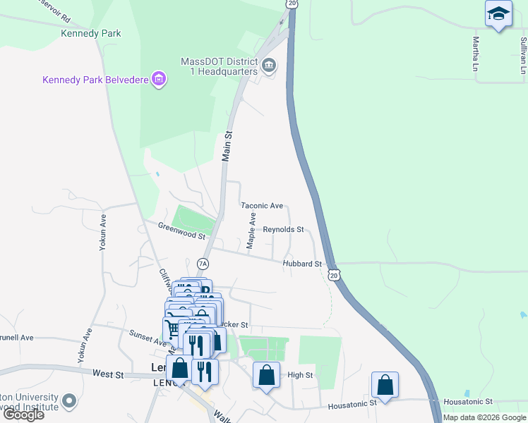 map of restaurants, bars, coffee shops, grocery stores, and more near 38 Taconic Avenue in Lenox