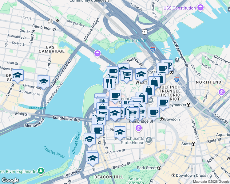map of restaurants, bars, coffee shops, grocery stores, and more near 13 Emerson Place in Boston