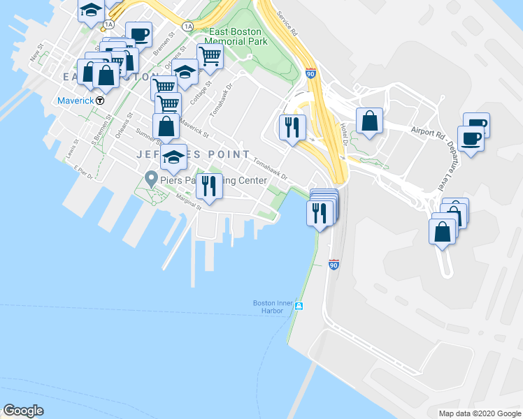 map of restaurants, bars, coffee shops, grocery stores, and more near 44 Jeffries Street in Boston