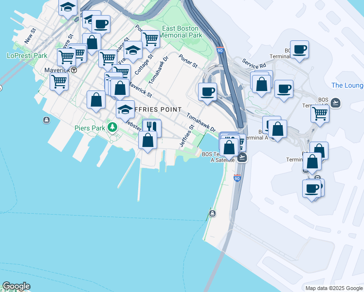map of restaurants, bars, coffee shops, grocery stores, and more near 44 Jeffries Street in Boston