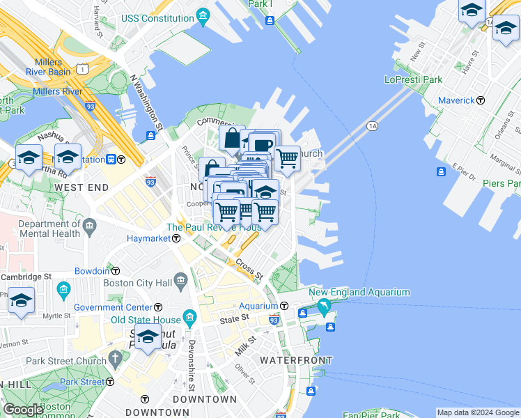 map of restaurants, bars, coffee shops, grocery stores, and more near 15-17 North Square in Boston