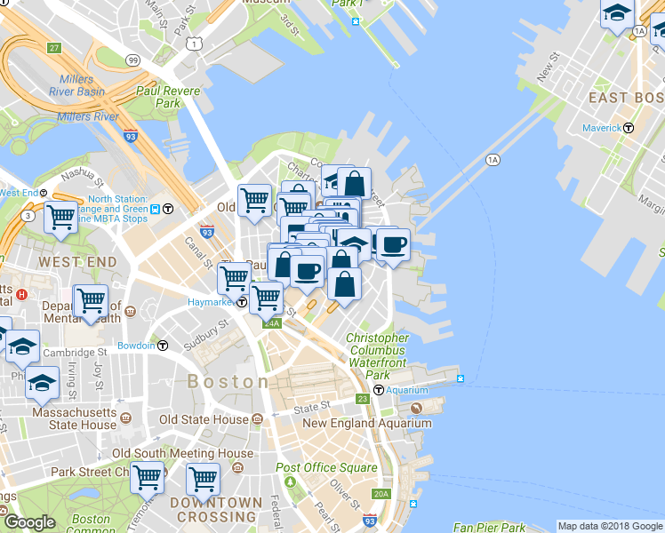 map of restaurants, bars, coffee shops, grocery stores, and more near 15-17 North Square in Boston