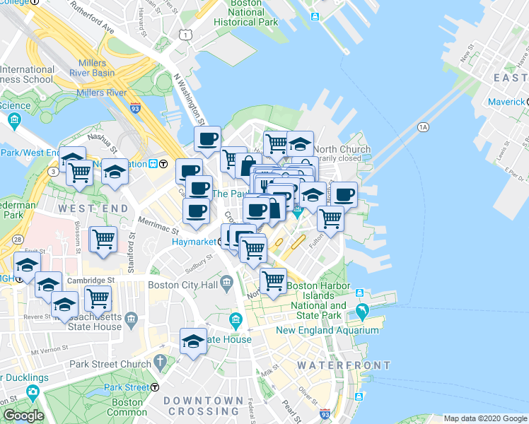 map of restaurants, bars, coffee shops, grocery stores, and more near in Boston