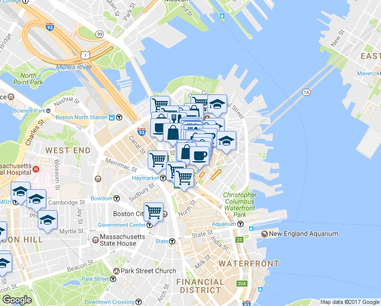 map of restaurants, bars, coffee shops, grocery stores, and more near 21 Cooper Street in Boston